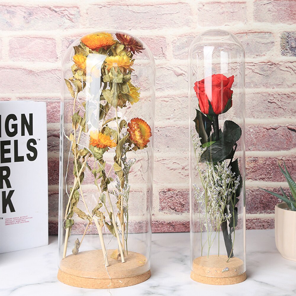 Cloche de cúpula de cristal con Base de madera, tarro, soporte de exhibición de flores secas, adornos, cubierta de polvo, caja de exhibición, Rosa inmortal