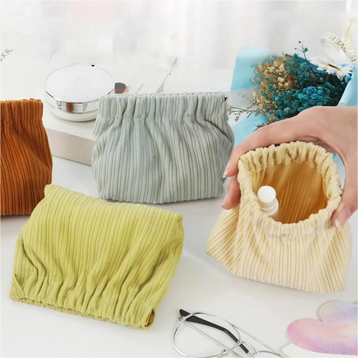 YANZAI 2pcs Corduroy Elastic Hair Tie Organizer Mini Makeup Pouch for Purse Cosmetic Organizer for Women Brush Storage