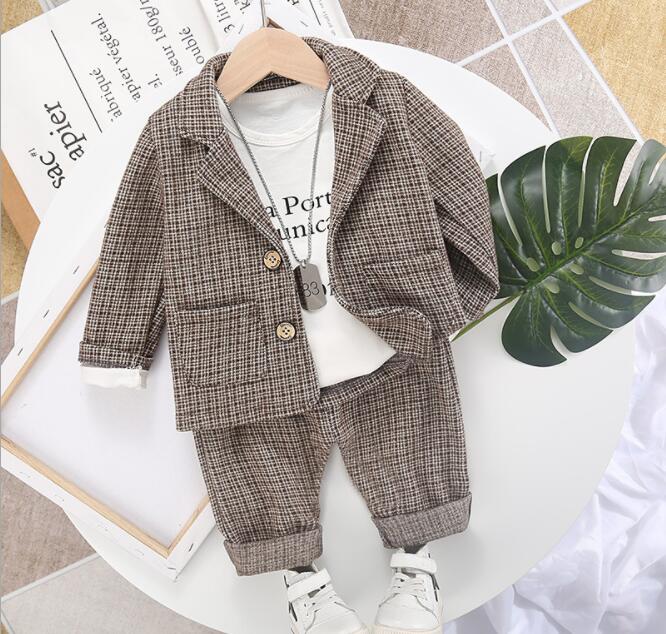 Voorjaar Kinderkleding Koreaanse Versie Van Fijne Tweed Knit Pak Jongen Herfst Kinderen Baby Twee Sets: Brown / 2T