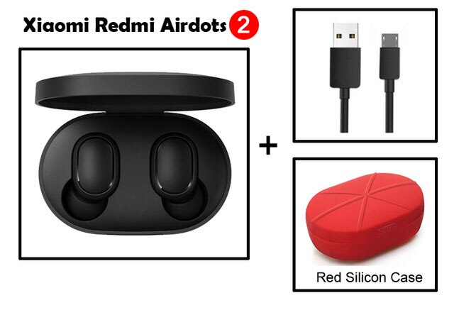 Original Xiaomi Redmi Airdots 2 TWS Bluetooth Earphone Stereo bass BT 5.0 Eeadphones With Mic Handsfree Earbuds AI Control: cable add Red