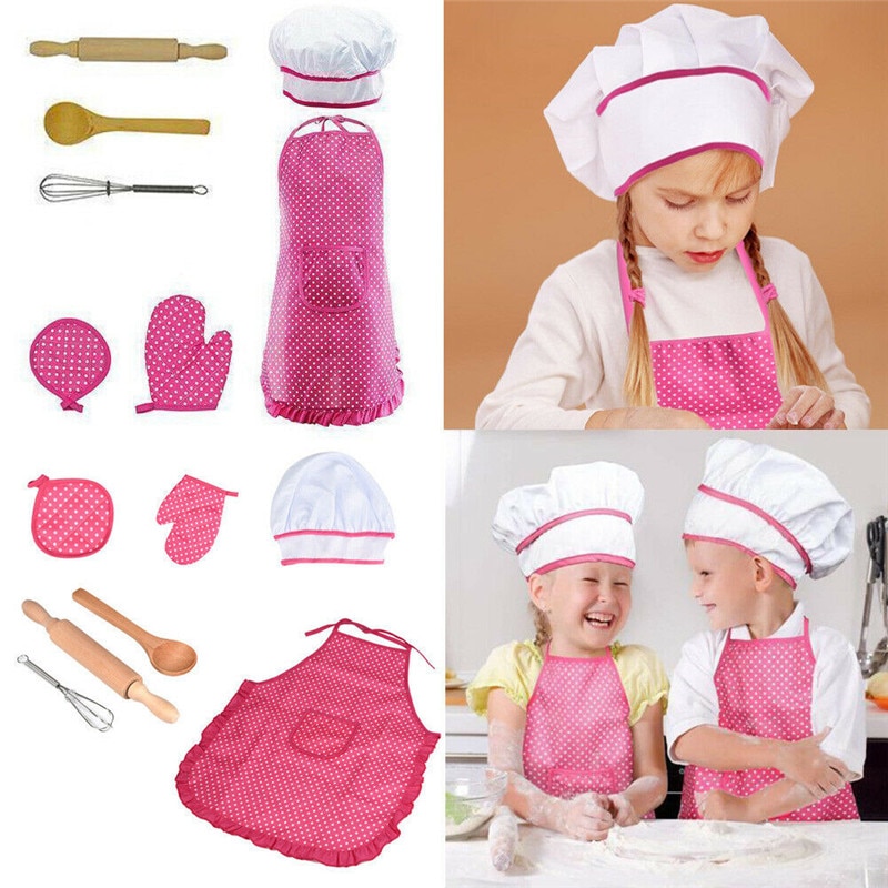 Chef Set for Kids Complete Kids Cooking and Baking Set with Apron Oven glove Chef hat Wooden spoon for Girls