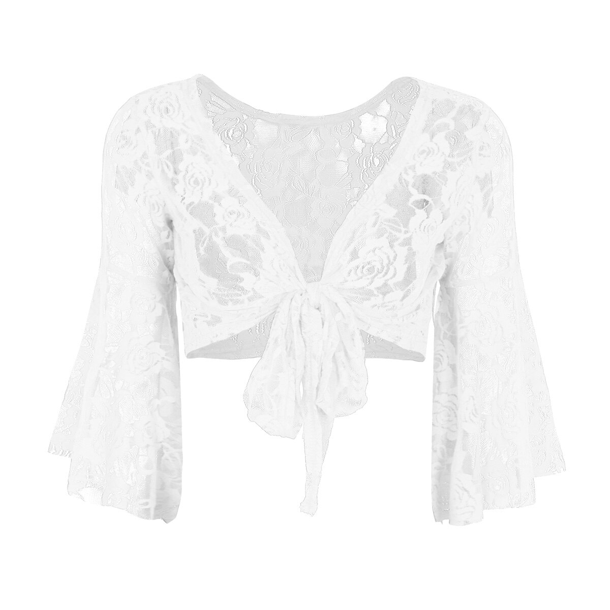 Haut moulant transparent en dentelle pour femmes, Sexy, haut en maille, manches longues évasées, chemise de danse du ventre, réservoirs, cravate avant, Cardigan, enveloppe les épaules, Clubwear: White
