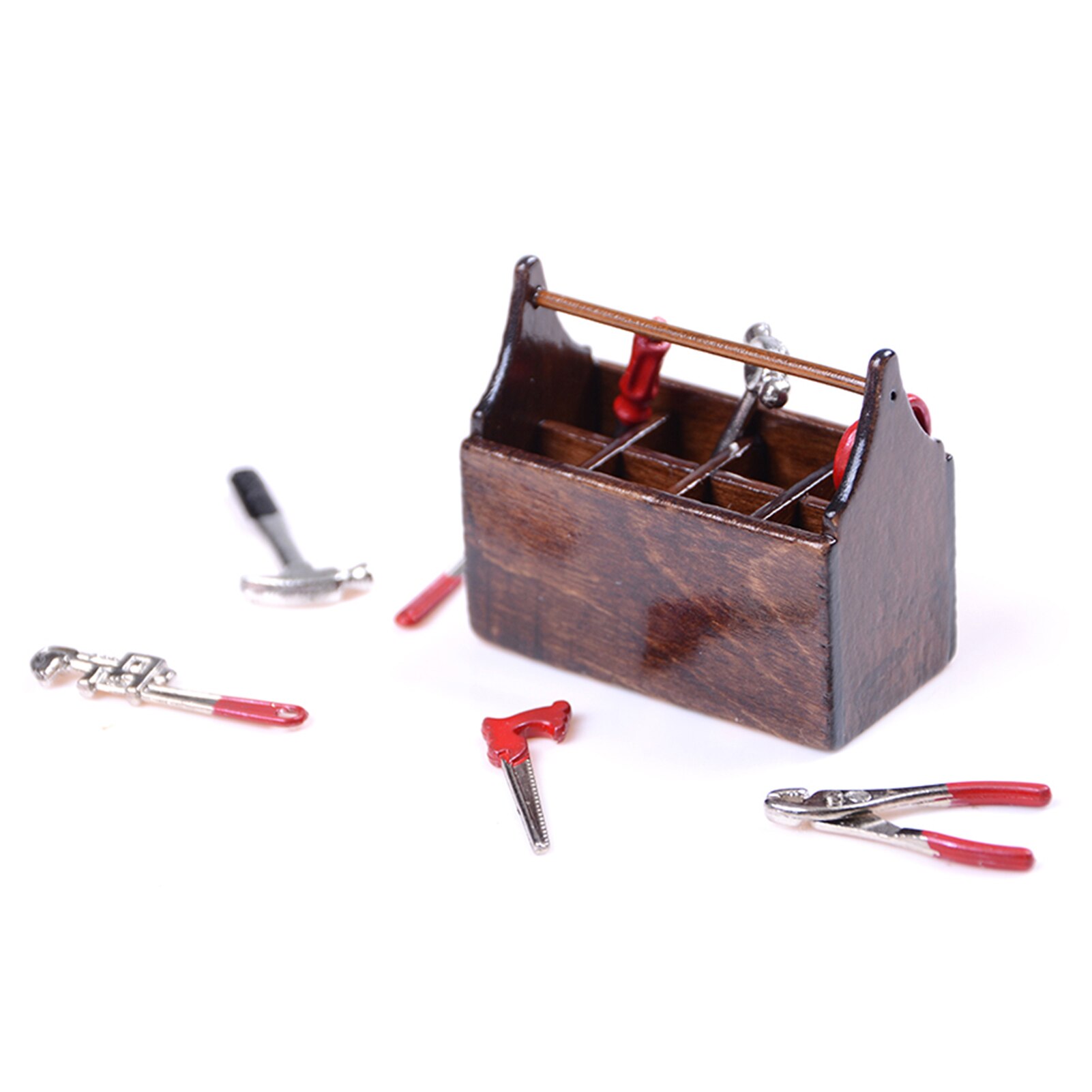 1/12 Dollhouse Miniature Wooden Tool Box with Metal Tools Set Repair Kits Decoration for Furniture Toys Doll House Accessories
