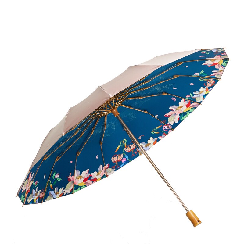 Japanse stijl bloemen paraplu regen vrouwen anti uv zonneparaplu houten handvat drie opvouwbare paraplu's zilveren coating 16k parasols