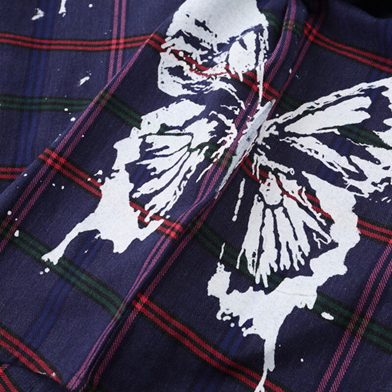 Camiseta a cuadros con estampado de mariposa para hombre, ropa de calle, otoño , Harajuku, Hip Hop, informal, vestido de botones suelto, WY150