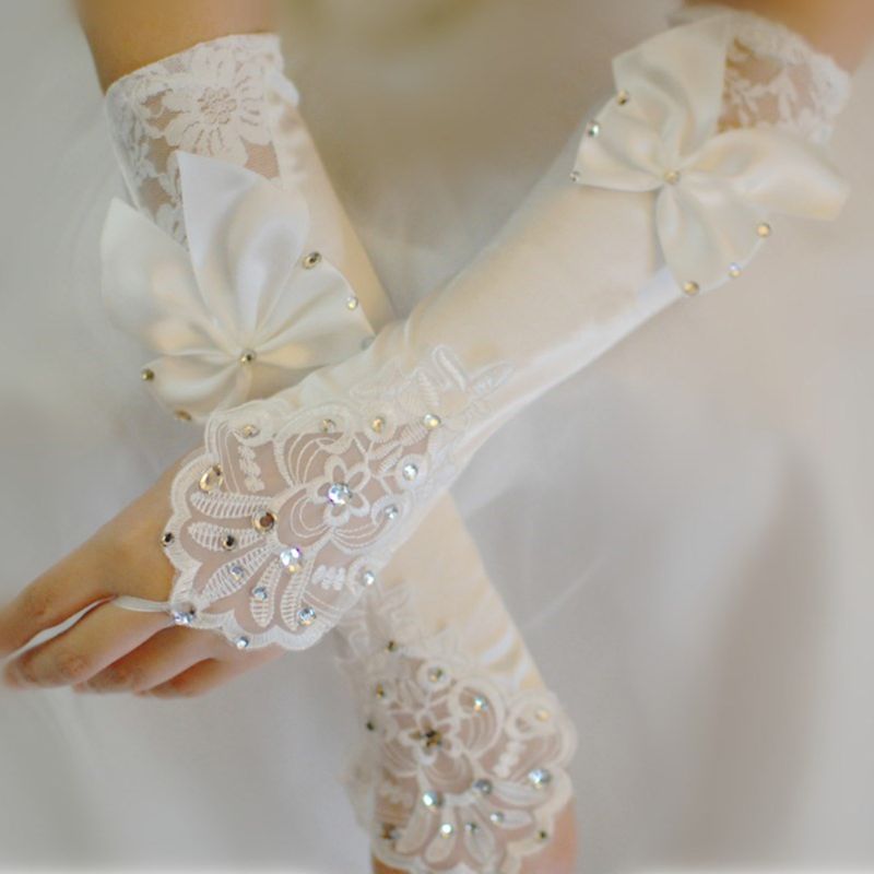Las mujeres de novia largo guantes Fingerless guantes de encaje Floral manoplas Patchwork brillo Rhinestone Bowknot grande longitud gancho dedo