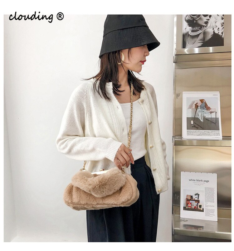 Casual, effen pluchen schoudertas met ketting, herfst/winter, dames, kleine crossbodytas met drukknopen