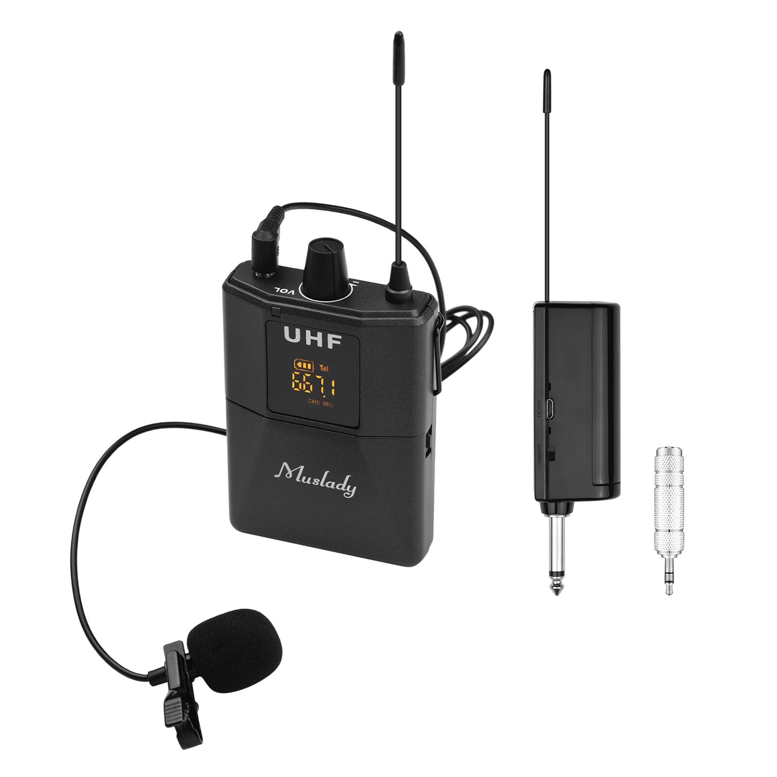 UHF Wireless Microphone System with Microphone Body-pack Transmitter and Receiver 6.35mm Plug with 3.5mm Adapter