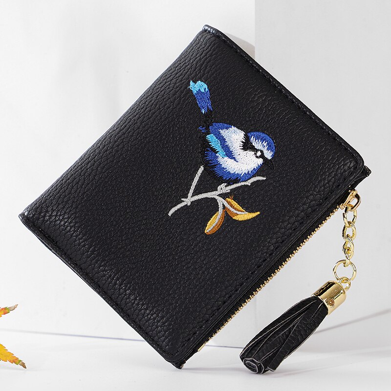 Wallet Women Bird Embroidery Portefeuille Femme Zipper Hasp Short Purse Leather Card Holder Green Blue Pink Black Women Wallets: Type A black