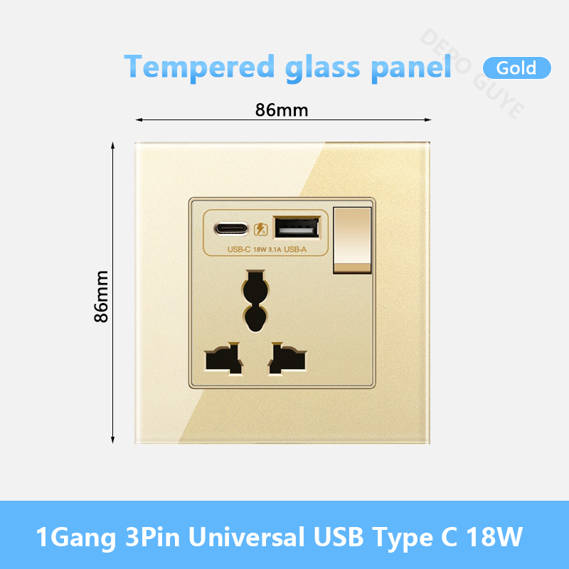Universal Wall Socket 18W Type-C Fast Charging Plug Outlet,Glass Double 3-Pin Power Socket with DC 5V 3.1A Type-c USB Charger