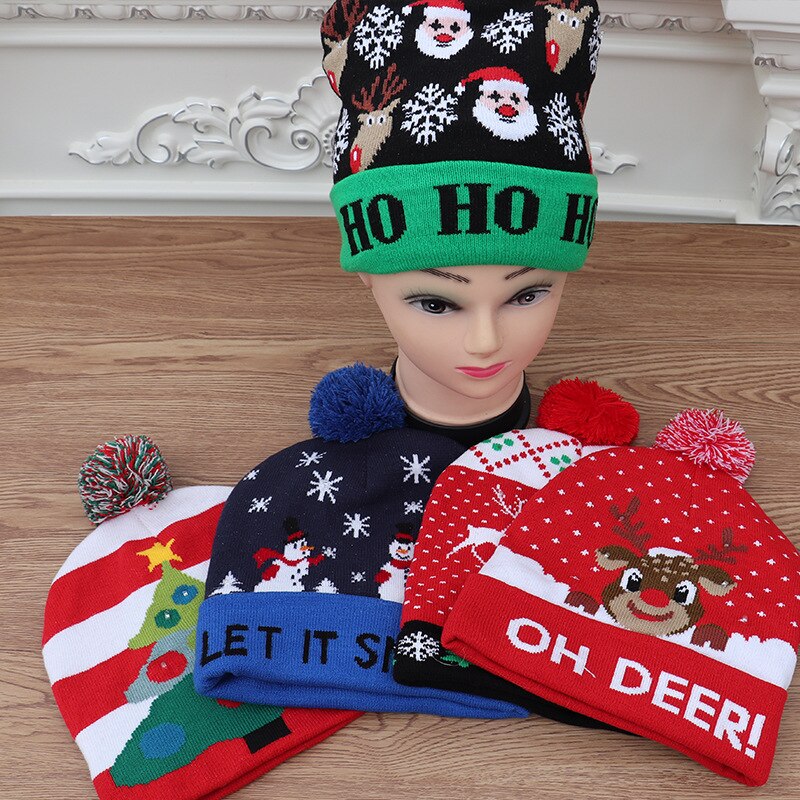 Gorros navideños con luces LED para niños y adultos, gorro de punto colorido y luminoso, de decoración navideña