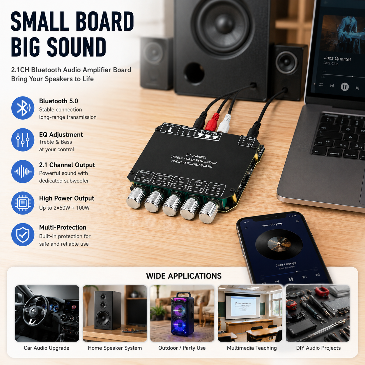 BT5.0 2.1CH Digital Amplifier Board 100W*2+100W Subwoofer Stereo Amp Treble Bass Control AUX 12/24V DIY Home Speaker Module
