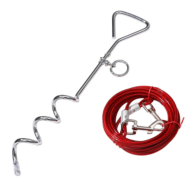 5M Outdoor Pet Leash With Dog Fixed Pile Metal Screw Stake For Camping Garden Ground Steel Wire Dogs Leads Leashes Set: Dog pile red 5 m