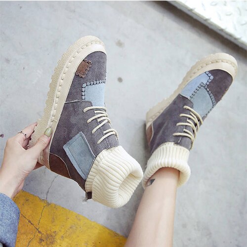 Ankle Boots For Women Sock Boots Patchwork Ladies Casual Platform Flat Woman Warm Plush Female Sewing Shoes: Gray / number 6 for 40