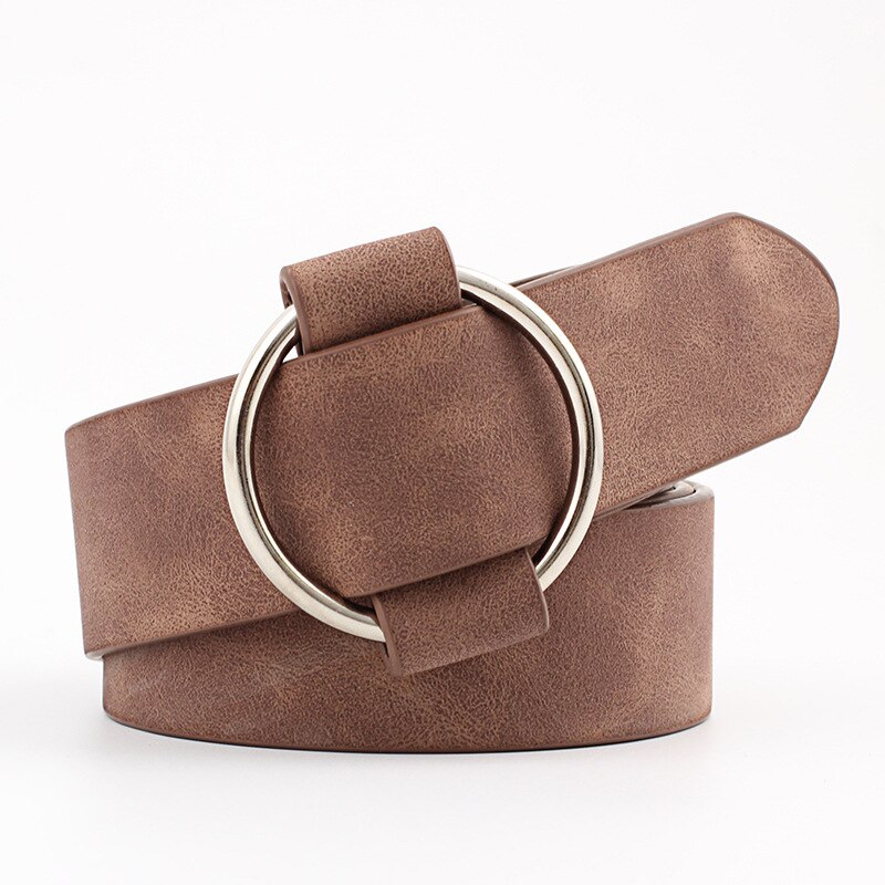 Women Gold Black Silver Big Double Ring Circle Buckle Belt Waistband Female Ladies Wide Leather Straps Belts for Jeans: Style 5 Coffee