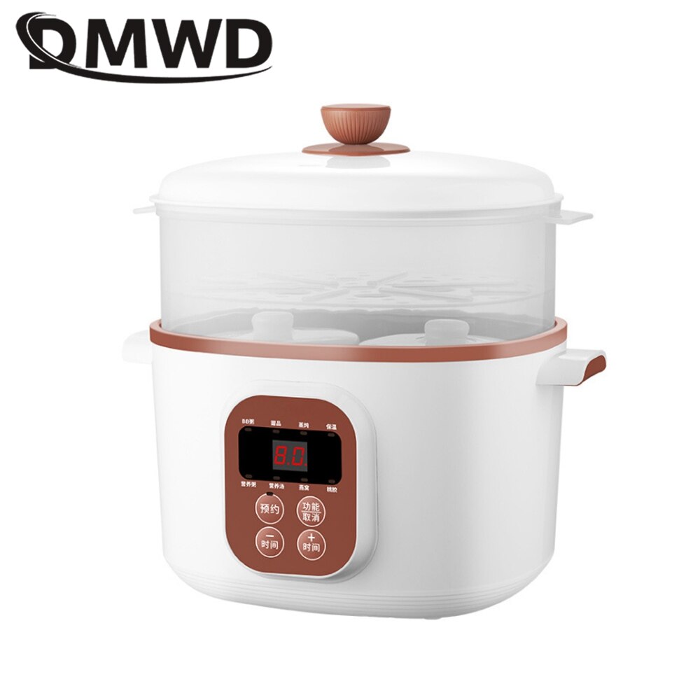 DMWD Household Electric Slow Cooker Stew Pot Food Steamer Pot Breakfast Maker Porridge Soup Cooking Machine 9.5h Appointment