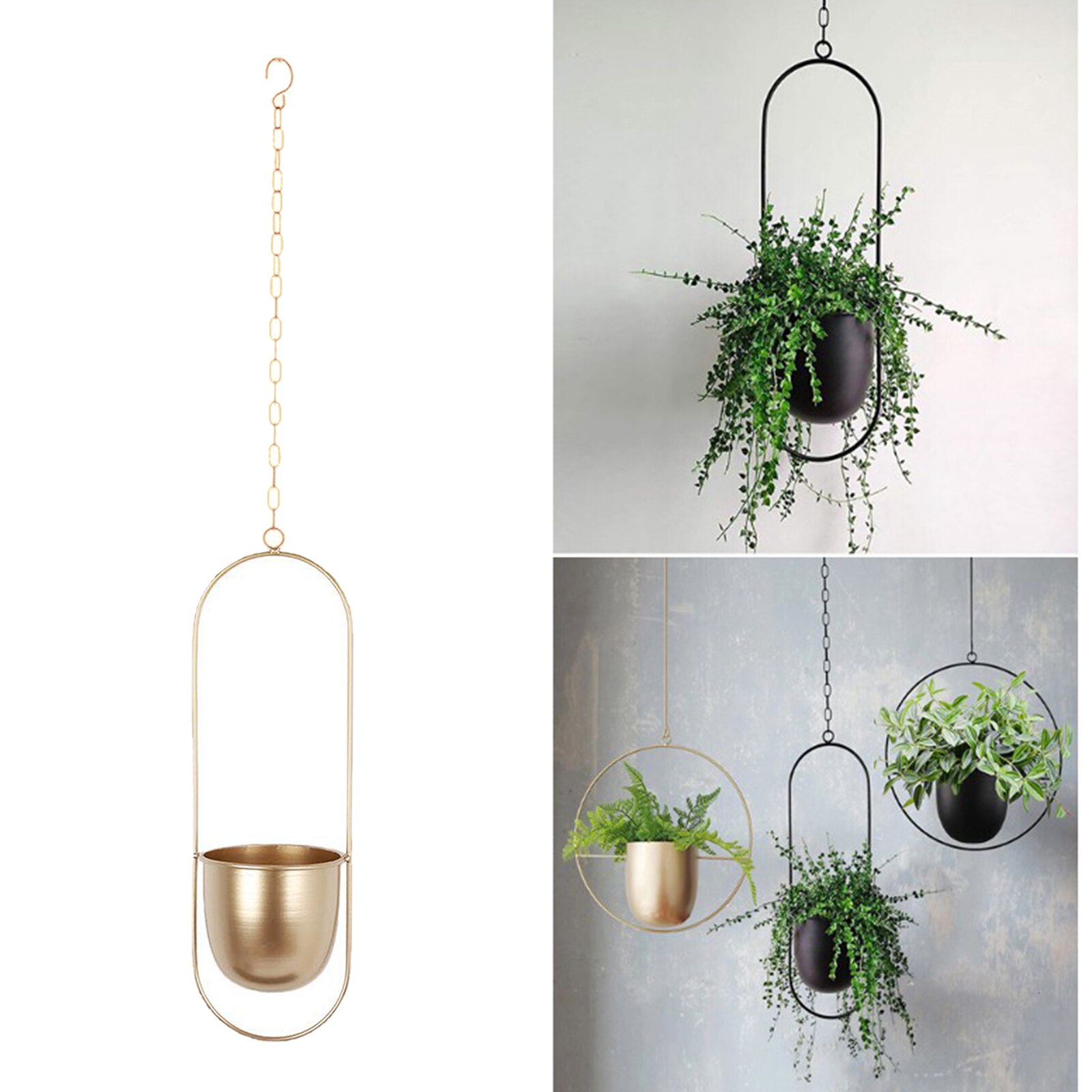 Metal Hanging Plant Planter Mini Pot Decoration Wall Hanging Garden Balcony Flower Vase Patio Front Porch Basket: golden oval