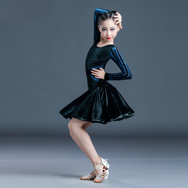 Children Latin Dance Dress Female Autumn Winter Velvet Long Sleeve Ballroom Performance Competition Dress Dance Wear
