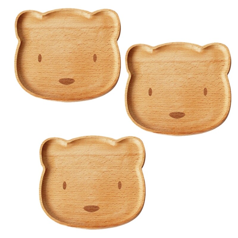 Trä servis söt björn massivt trä skål tecknad mönster mat fruktfat bricka barn baby servering trä tallrik (3 pack): Default Title