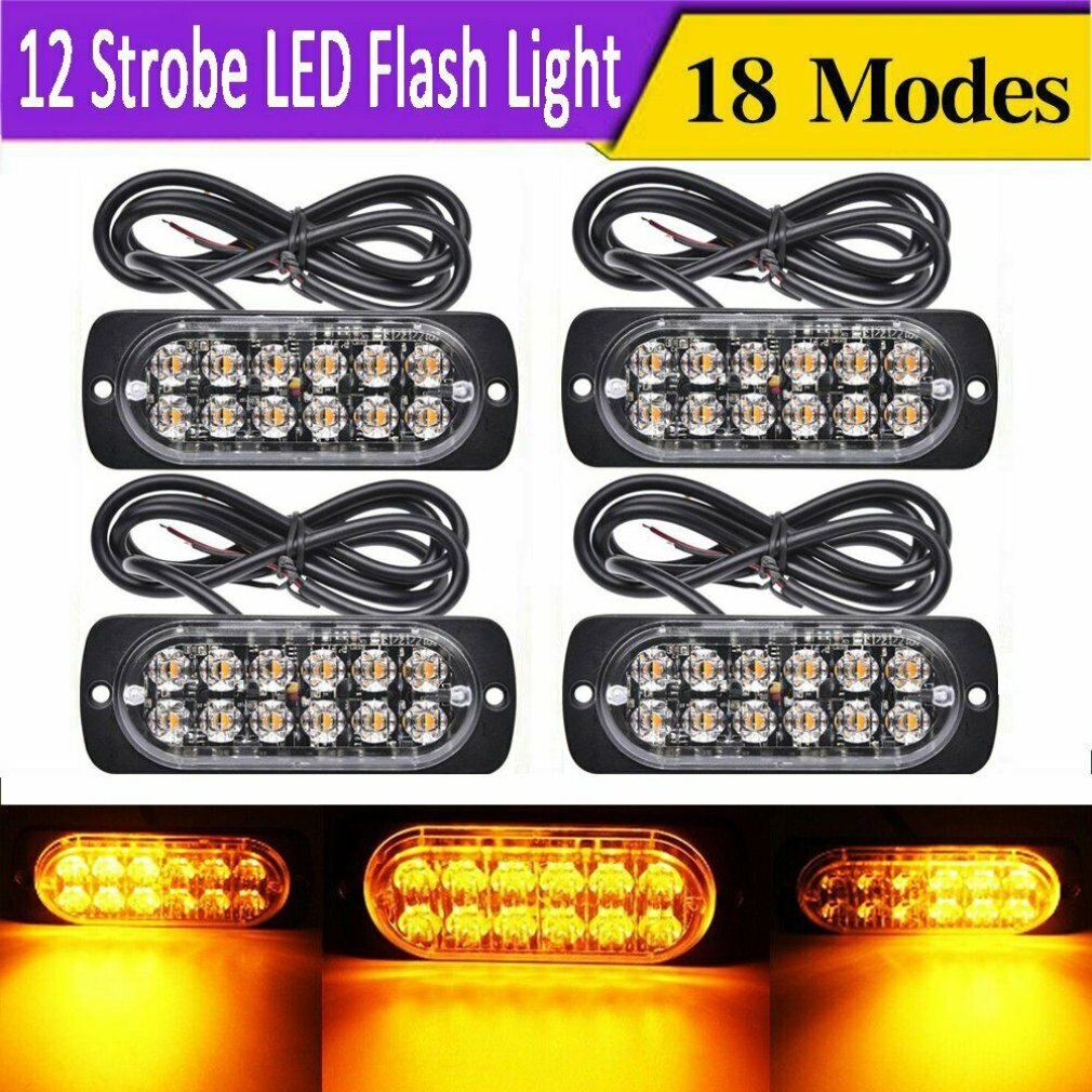 4pcs 12 Strobe Led Amber Hazard Beacon Emergency Flashing Side Marker Light Bars Turn Signal Light Brake Light 12V 24V