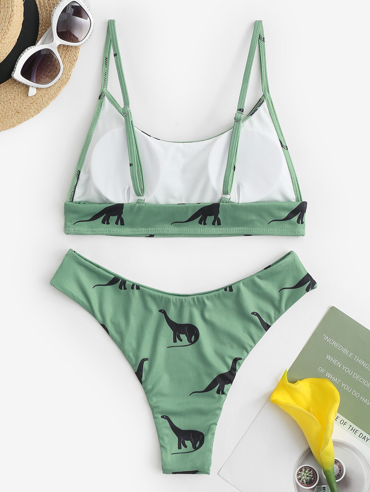 Zaful Dinosaurus Print Geribbelde Hoge Cut Bikini High Cut High Been Bralette Uitneembare Badmode Voor Vrouwen