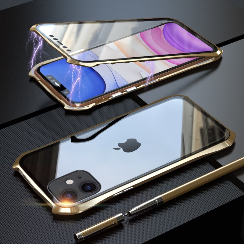 360 Volledige Beschermhoes Voor iphone 11 case Metalen Magnetische Adsorptie Voor iphone 11 pro max Gevallen Cover Bumper Coque: For iPhone 11Pro Max / Gold 360