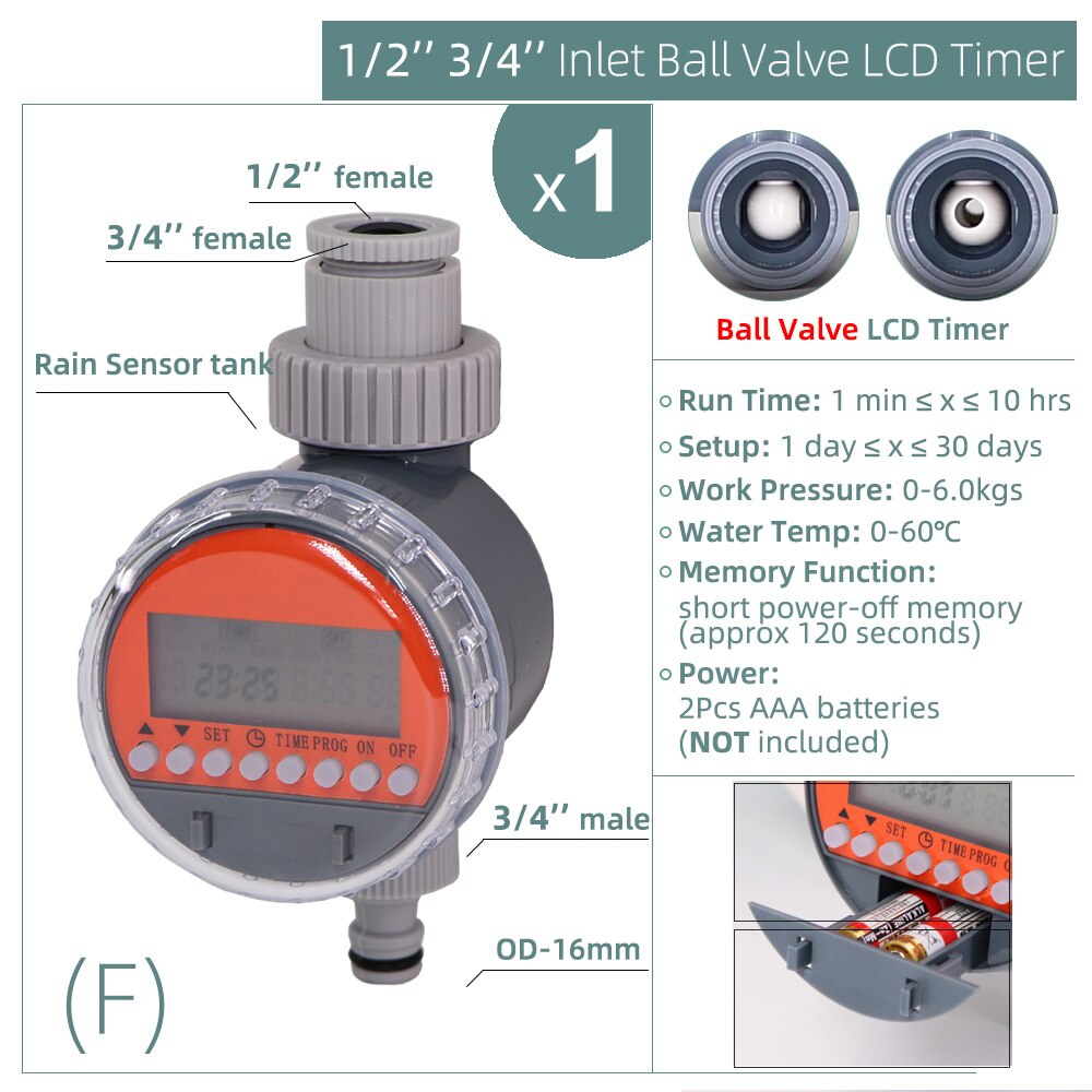 1PC Water Timer Rain Sensor Solar LCD Double Dial Ball Valve Controller Garden Watering Irrigation 1/2&#39;&#39;3/4&#39;&#39; Tap Joint Solenoid: F-1PC