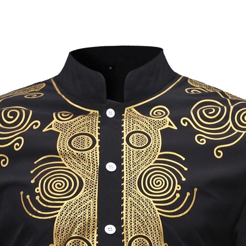 Herre afrikansk sort gyldent dashiki print med lange ærmer knap skjorte høj krave tribal folk slids tunika toppe til voksen plus størrelse