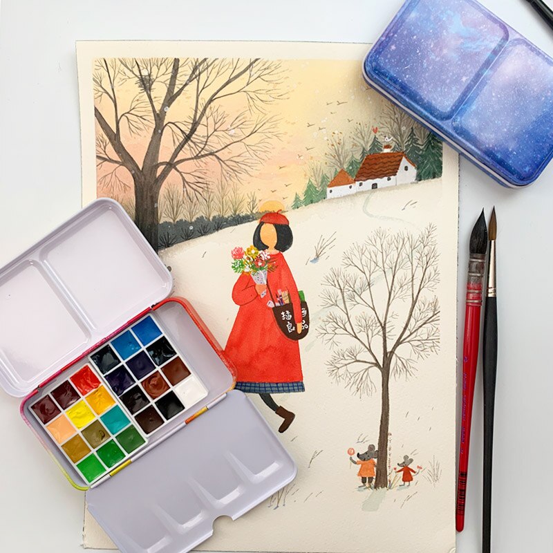 Handmade 24 Color 1ML Watercolor Set Artist Painting Watercolors Art Supplies Sample Trial Pack Metal Palette