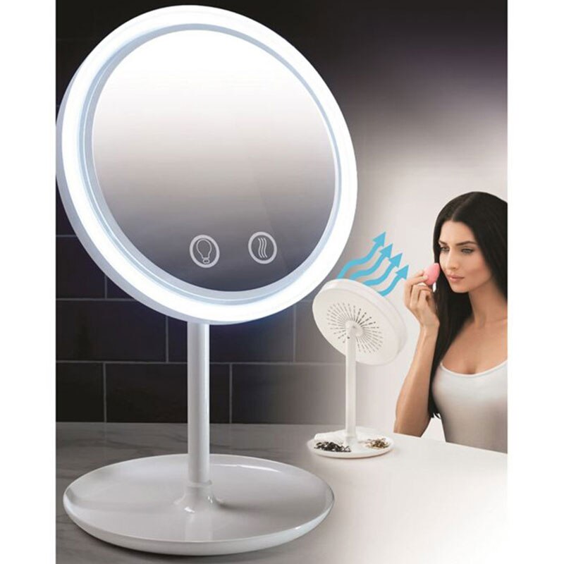 Espejo de maquillaje con iluminación de 7,9 pulgadas, espejo de aumento de tocador 5X con luces LED y cabeza de ventilador ajustable-35