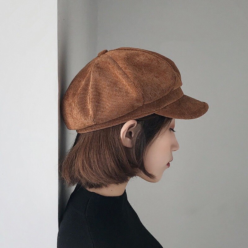 Otoño mujer gorra octogonal de pana de Color sólido gorro octogonal otoño cálido sombreros boina retro quiosco