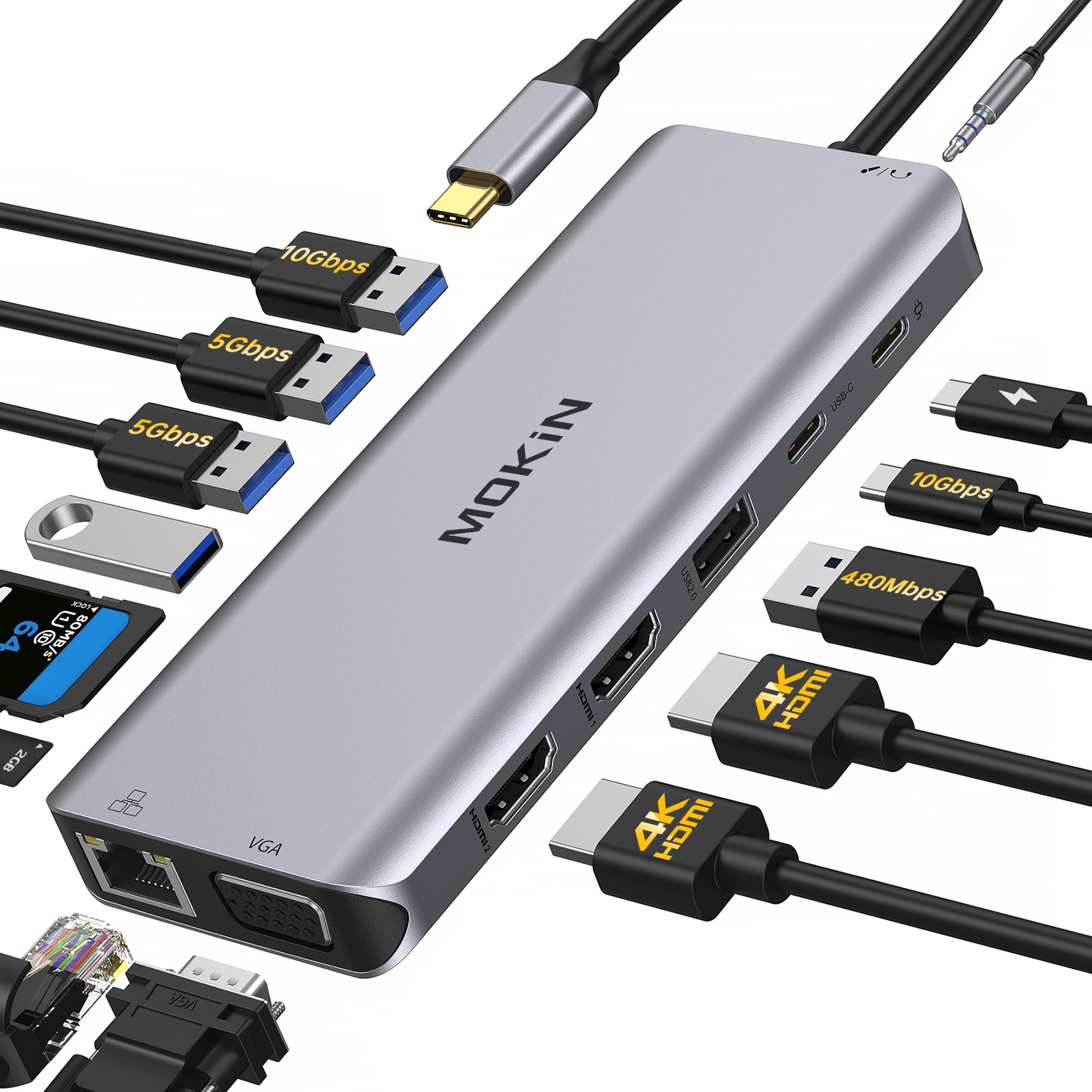 MOKiN-Station d'accueil VGA Gigabit pour touristes, hub USB de type C, 4K 60Hz, 3 USB 3.0 SD/TF, adaptateur PD100W pour MacPlePro Air Dallas M2: Default Title