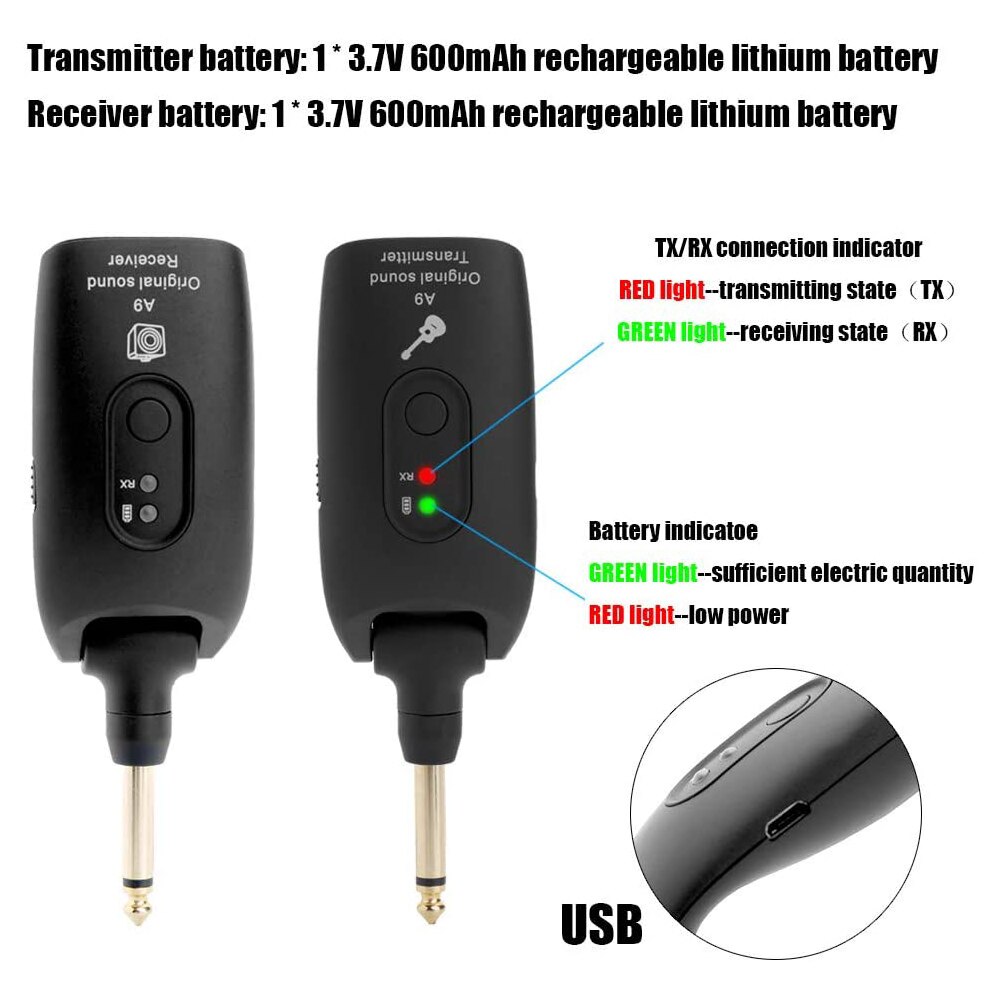 A9 UHF Wireless Electric Guitar Transmitter Receiver System 2.4GHz Rechargeable 4 Channels for Electric Guitar Bass Organ