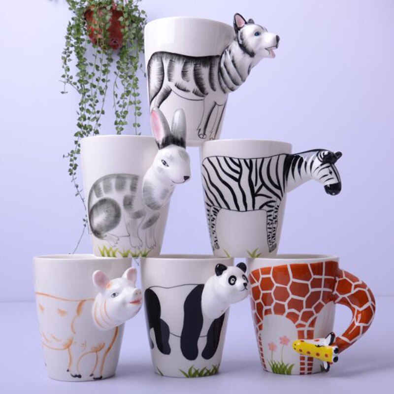Tasse en céramique 400ml animaux de dessin animé tasse à café et lait tasse de couleur peinte à la main 3d animaux bureau maison enfant tasse