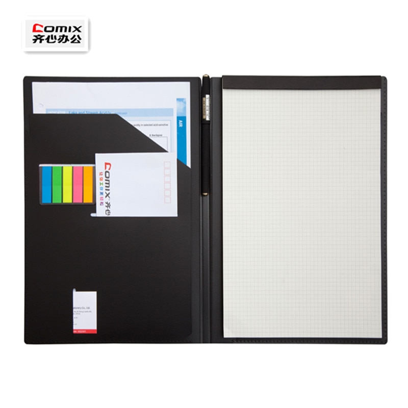 Office padfolio A4 classic black file folder,Work notes and plans,Multi-function manager folder,with label,gel pen and notepad