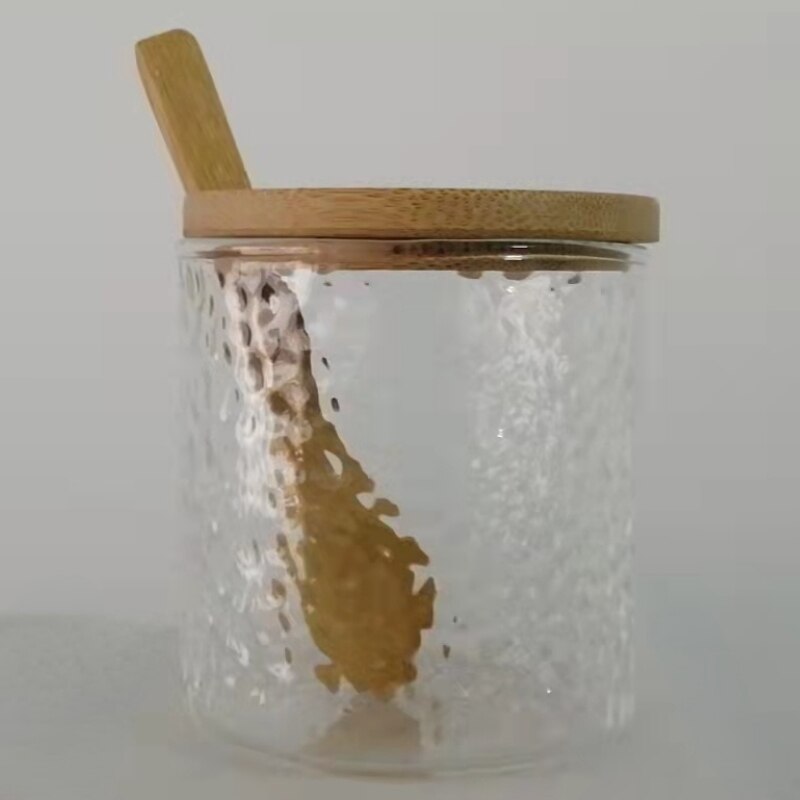 280ml japansk stil hamret glas opbevaringskrukke sæt lige bambus hylde krydderiboks køkken salt sukker krydderier flaske værktøj: 1 krukke 1 låg 1 ske