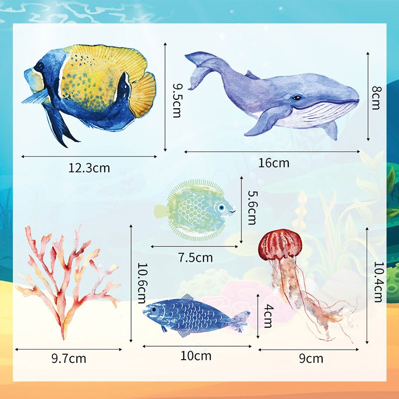Pegatinas de pared de mundo submarino de dibujos animados para habitaciones de niños, decoración de pared de baño, tiburón, medusas, animales marinos, calcomanías de pared para decoración del hogar DIY