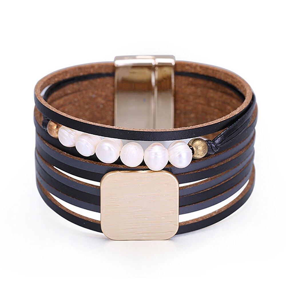Kirykle Frauen Armbinde Geometrische Platz Metall Charme Leder Armbinde Perle Armbänder Armreifen Goldene Pendeln Schmuck: Schwarz