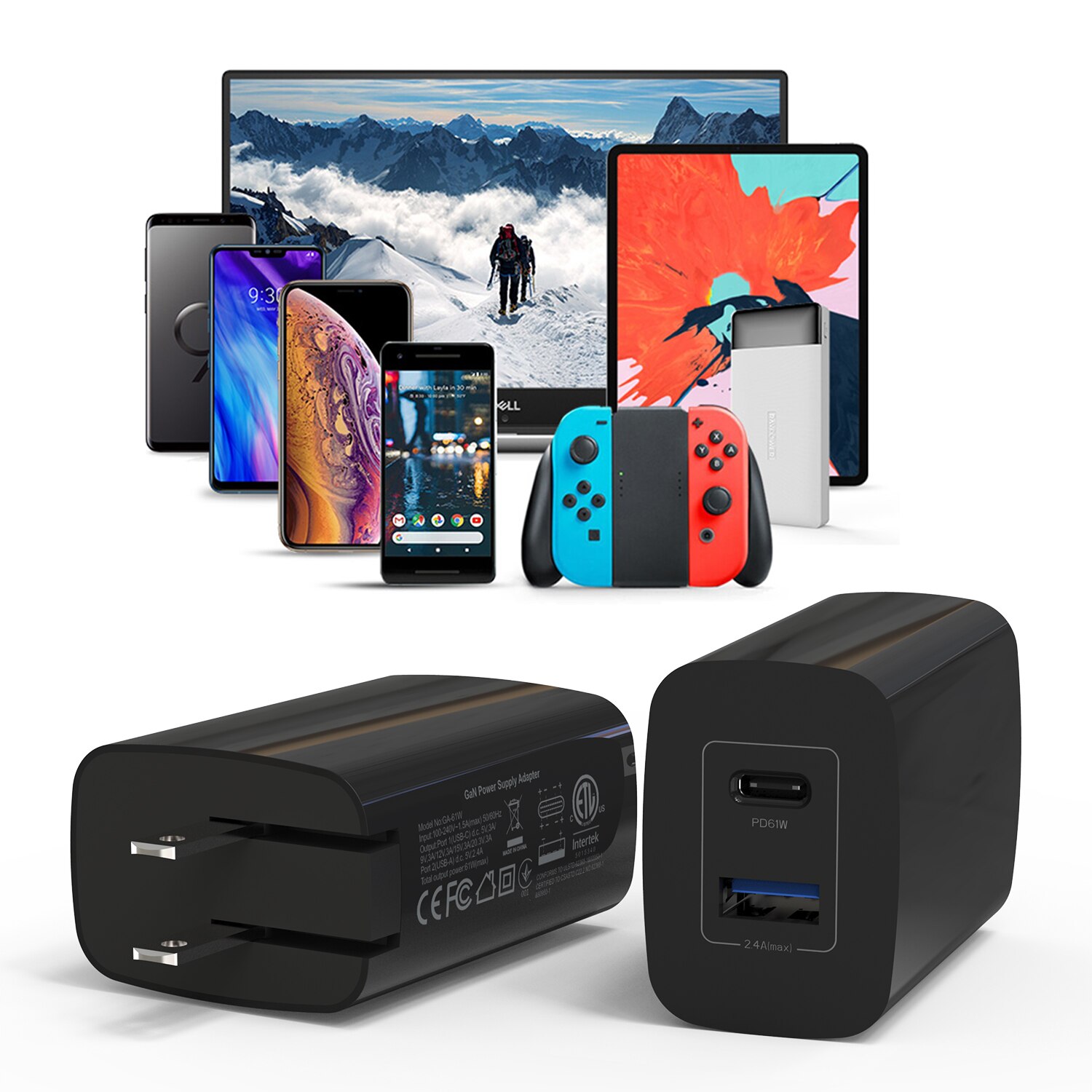 61W 2-Port USB C GaN Charger PD Power Adapter for iPhone for Galaxy USB C Laptops and More Wall Charger Portable Phone Charger