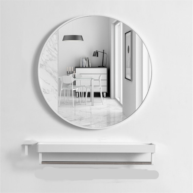 Nordic round wash hand bathroom mirror bathroom mirror wall-mounted with shelf comb makeup HD simple home: White shelf / 40cm