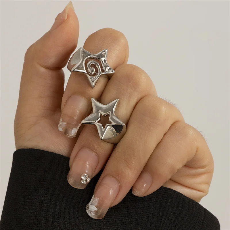 2 unids/set de anillos huecos para mujeres y hombres, Punk, estrella de cinco puntas, geométrico, Color dorado y plateado, conjuntos de anillos de joyería para nudillos