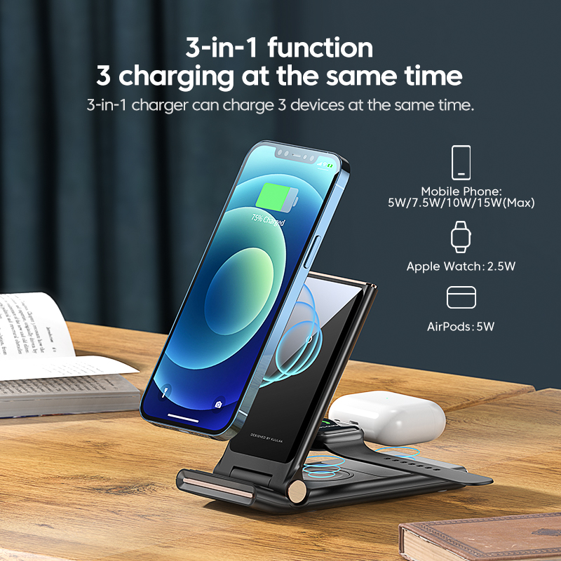 Kuulaa qi wireless charger 3 in für iphone 13, 12, 1 11 max, xr  x 8, faltbare ladestation für apple watch und airpods pro