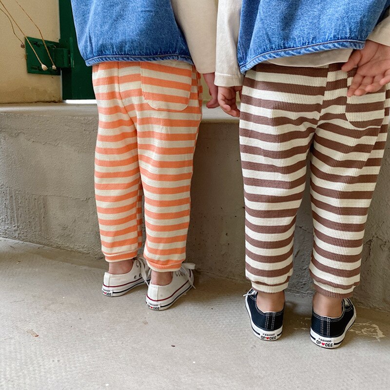 Efterårstrikket afslappet stribet 2 farver sportsbukser til børnehavens børn drenge piger komfortable bukser