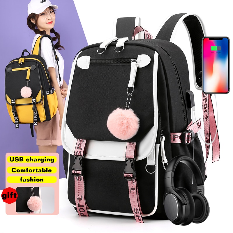 Mochila escolar antifurto para mulheres e meninas, mochila escolar feminina com carregador usb à prova d&#39;água, bolsa de viagem para adolescentes