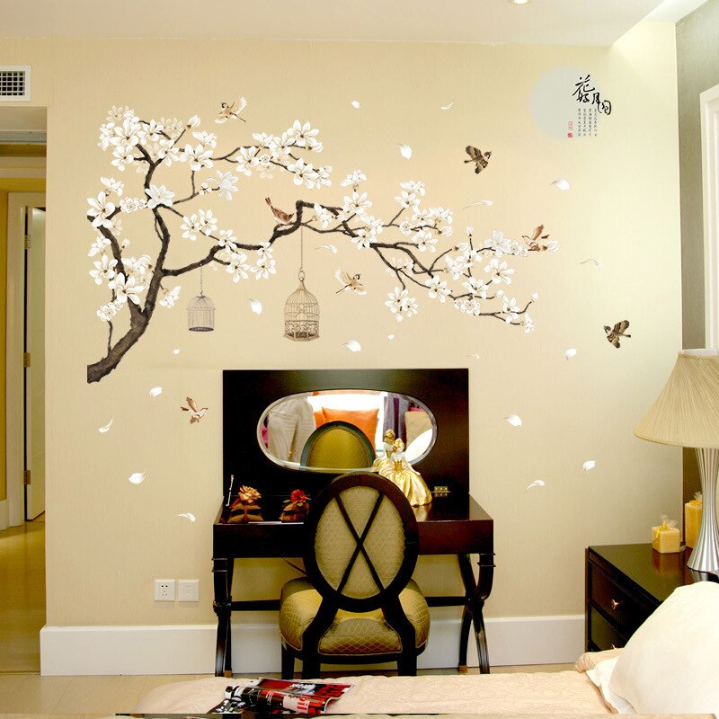 Pegatinas de pared de estilo chino para niños, papel tapiz de árbol con autosellado de flores y pájaros, vinilo decorativo para pared de dormitorio, 187X128cm