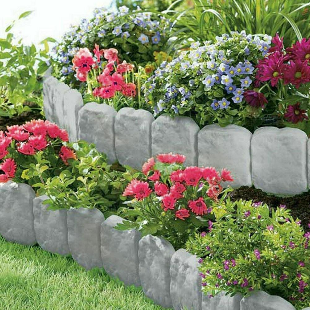 1pcs Garden Fence Edging Cobbled Stone Effect Plastic Lawn Decorations Edging Border Bed Flower Border Plant A0w1