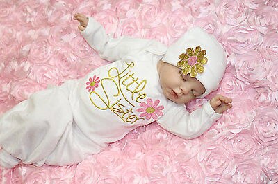 US STOCK 2pcs Cotton Sleepcoat Flower Little Sister Baby Girl SleepcoatComing Home Night-Robe Baby Gown Hat Clothing Set