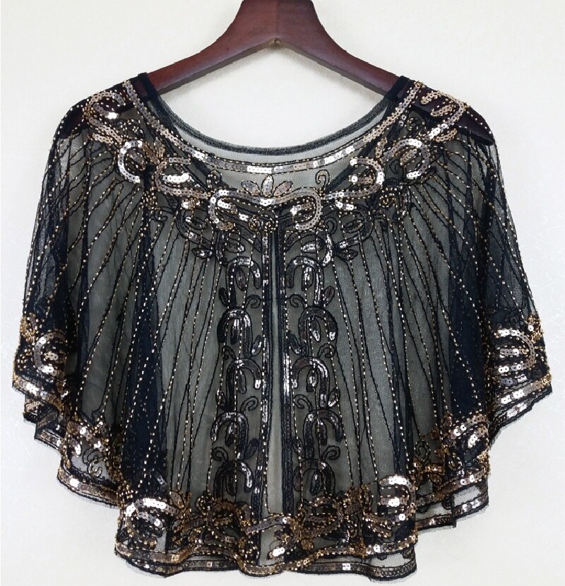Capa Mariage de lentejuelas para mujer, chal de encaje nupcial, apliques de malla, Bolero para chaqueta de boda, accesorios de boda, Tippet: Negro
