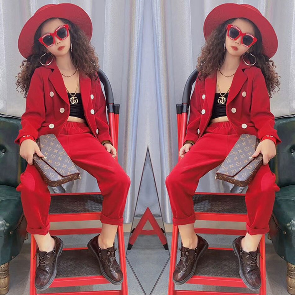 Girls Formal Suit Blazer Jacket + Pants 2pcs Dress Kids Wedding Party Clothing Set Teenager Girls School Performance Suit: Red / 5-6T