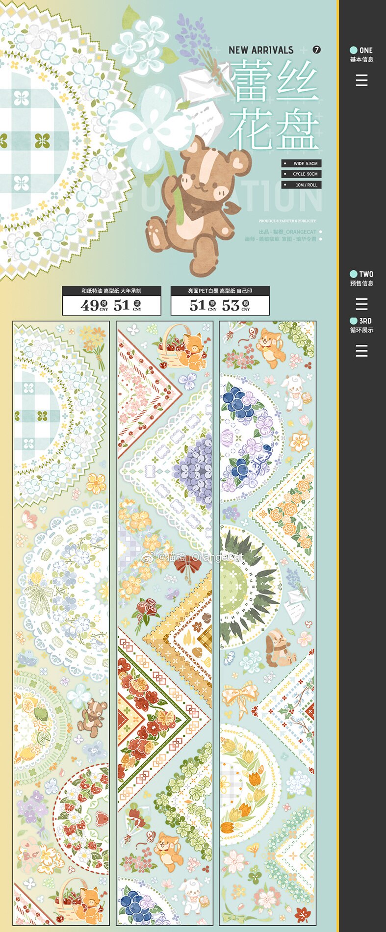 1 Loop Washi Plakband Kat Orange Kant Bloem Plaat Mooie Backing: Tray And Paper 90cm